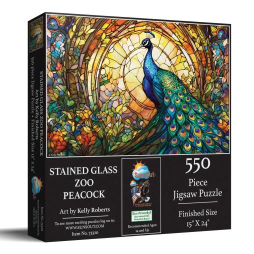 Puzzle SunsOut Zoo de Vidrieras, Pavo Real de 550 Piezas
